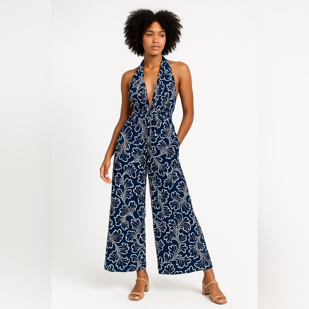 Cotton Floral Jumpsuit Halter Wide Leg Pants  Vacation Festival Blue White M L